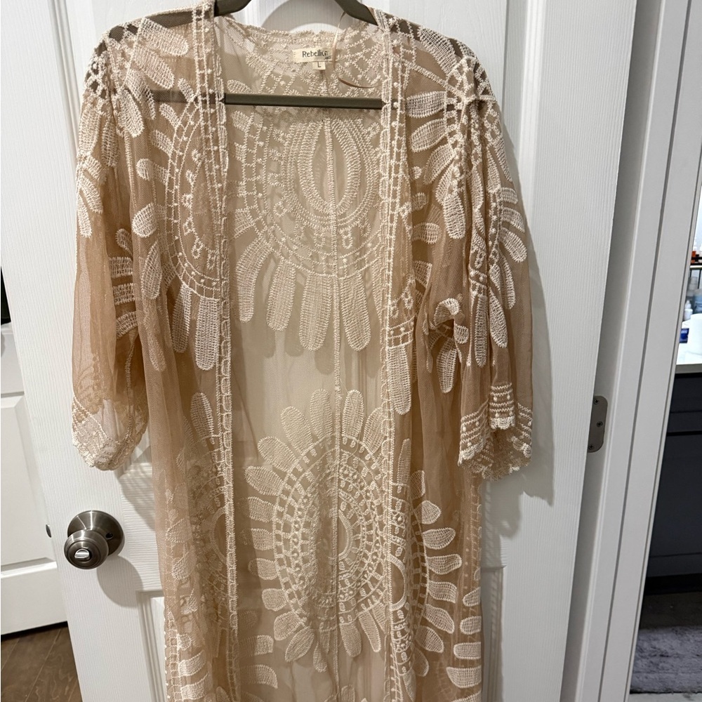 Rebellion Again Lace Coverup Kimono Large Sheer Embroidered Boho Cardigan